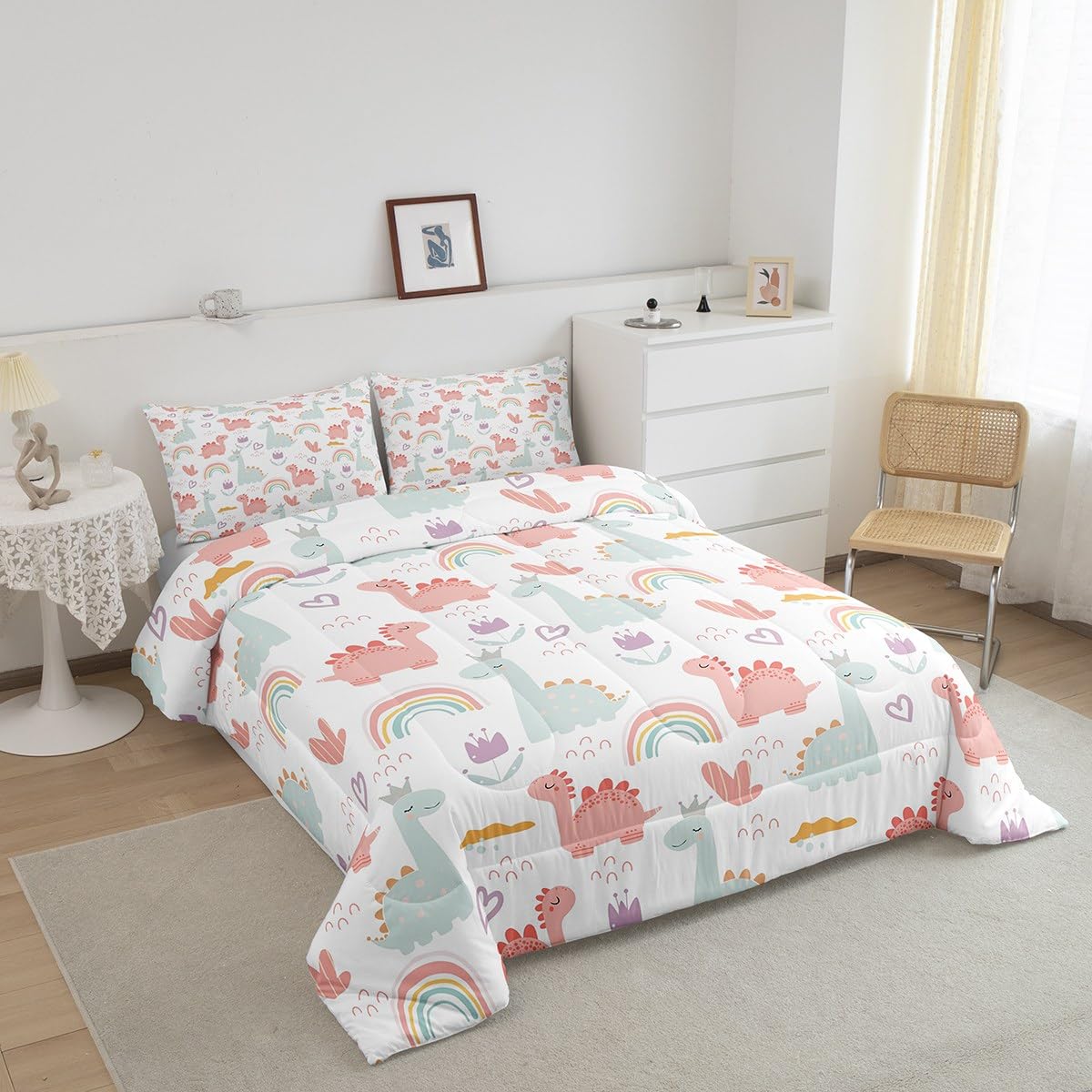 Feelyou Cartoon Dino Comforter Set Twin, Pink Green Dinosaur Comforter Cute Jungle Dino Comforter Set for Kids Boys Girls Cute Rainbow Duvet Set Microfiber Quilt Set