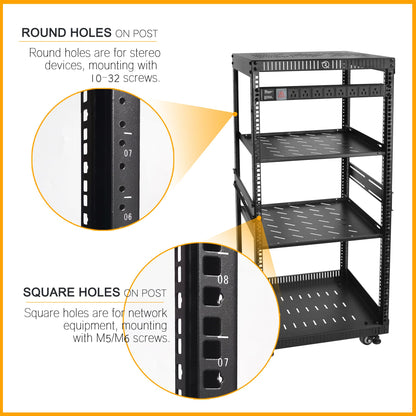 RIVECO 22U Network Rack with Reinforced Top & Bottom Vented Plates - 4 Rolling Wheels Floor Standing for 19" Equipment & Stereo Gear - Including 2PCS Shelves & Rail Mount PDU