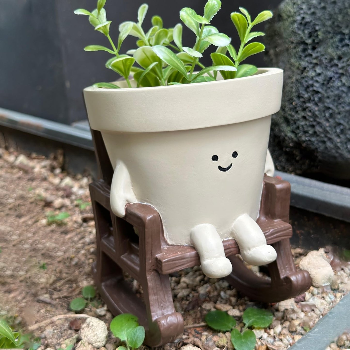 Cute Plant Pots Large Smily Face Planter Pot Resin Flower Head Planters for Indoor Outdoor Plants Unique Sit Rocking Chair Succulent Pot with Drainage Hole Best Gift for Mother and Plant Lovers