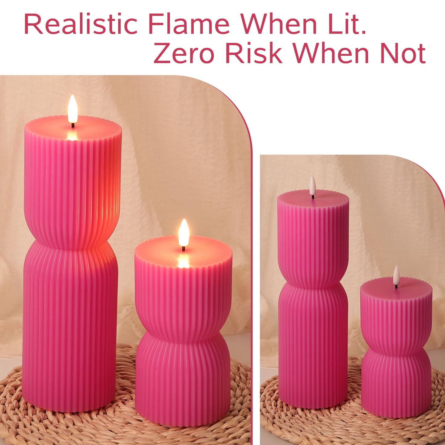 Girimax Hot Pink Ribbed Flameless Pillar Candles with Remote, Real Wax Flickering Battery LED Candles Set of 2