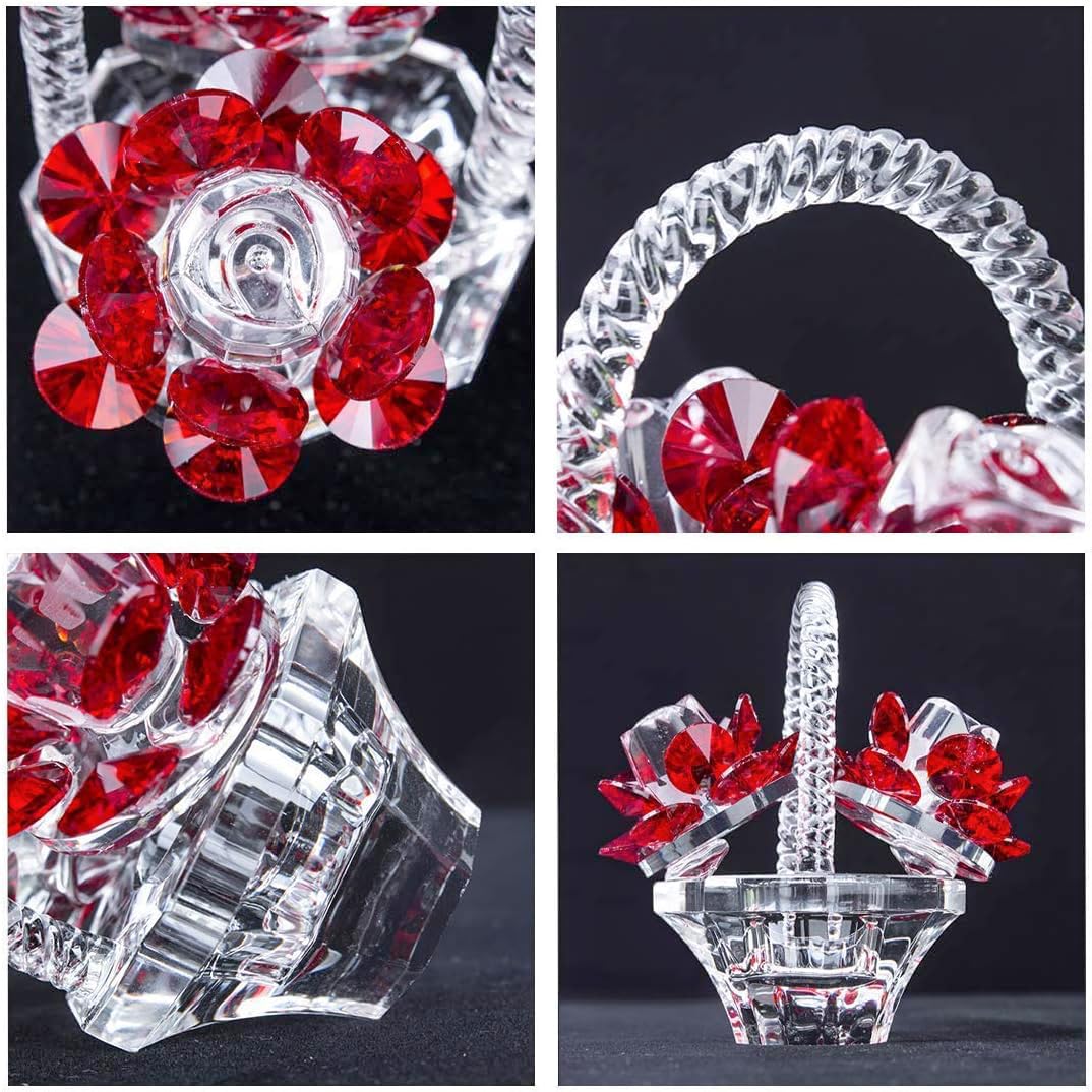 H&D HYALINE & DORA Crystal Red Rose Flower Basket Crystal Collectible Figurines Ornaments for Home Decor Table Centerpiece