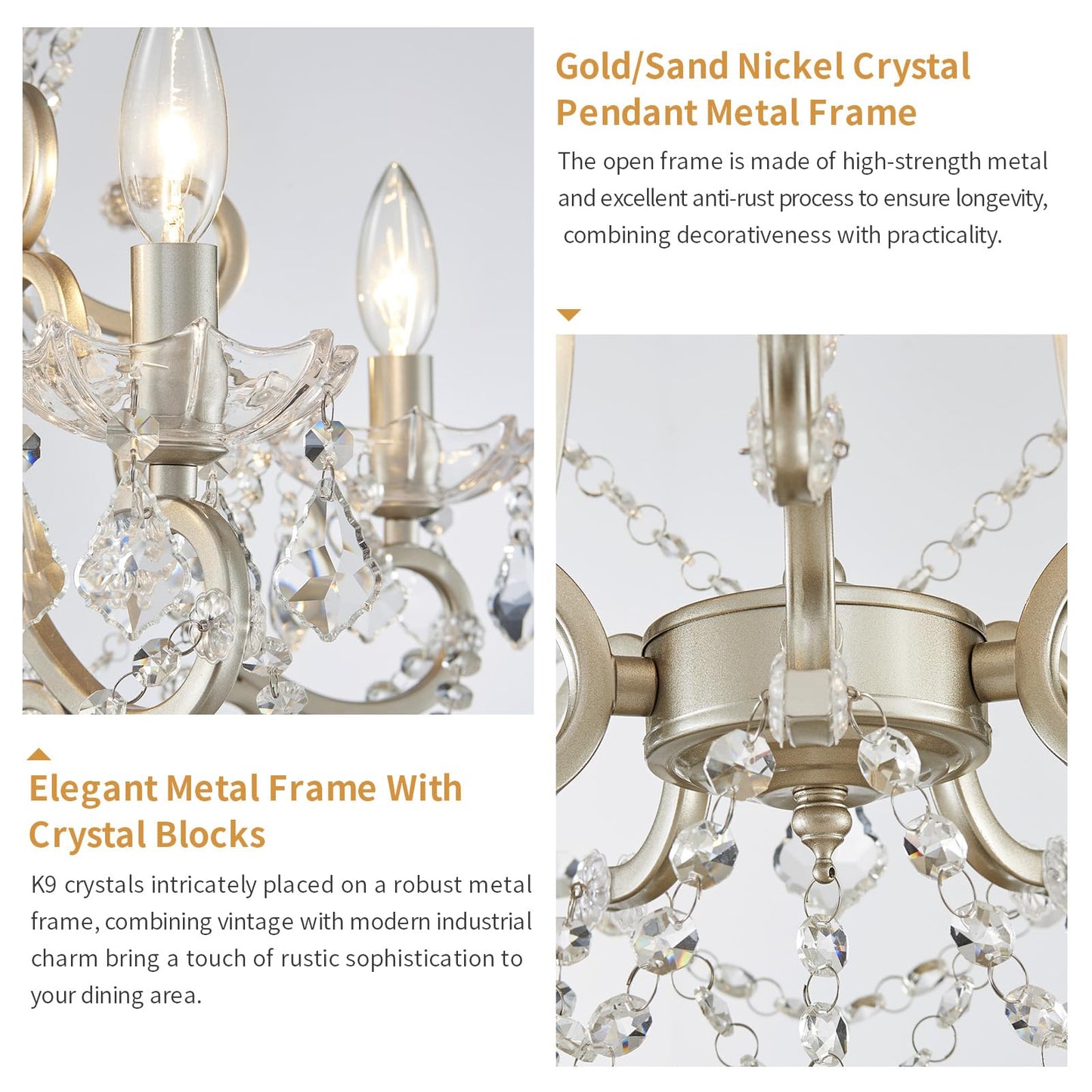 Crystal Chandelier, 5-Light Modern Chandelier for Dining Room Light Fixture, Nickel Finish Pendant Ceiling Light Fixture, Modern Candle Chandelier for Living Room Kitchen Island Entryway Bedroom