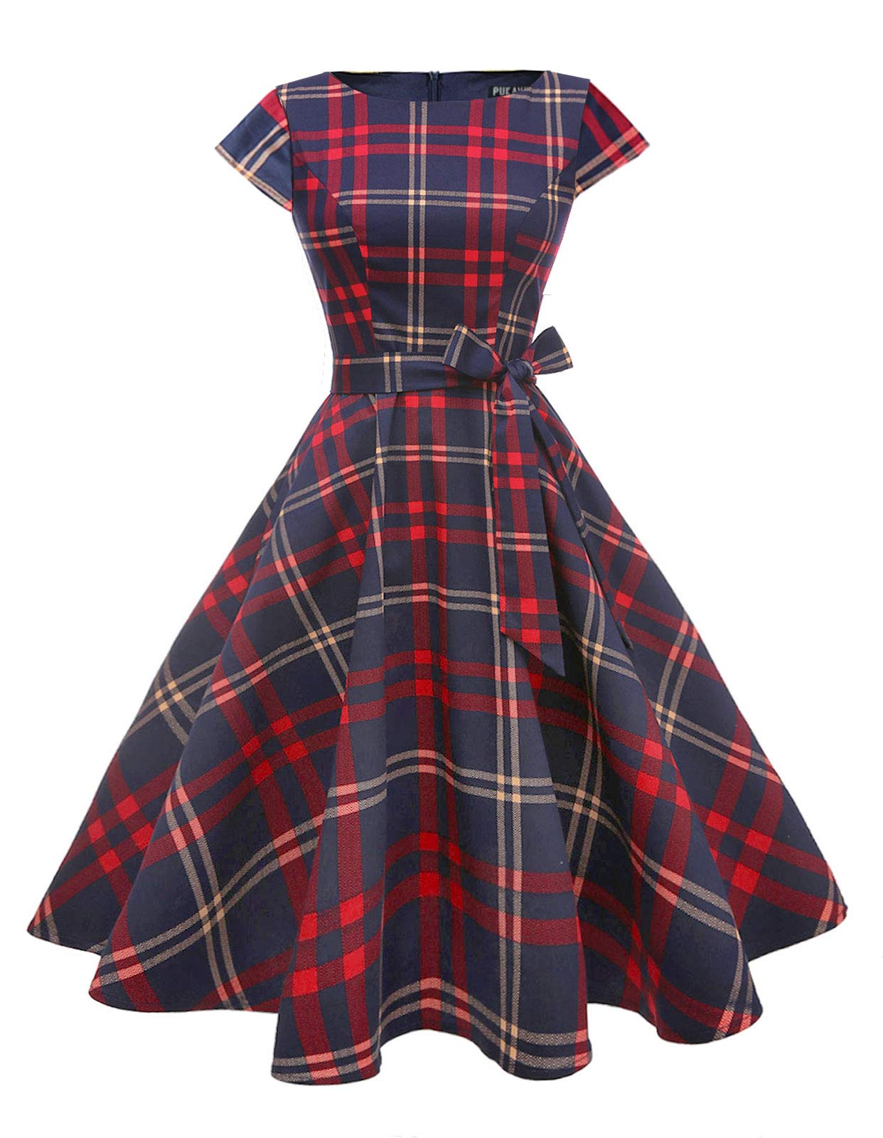 PUKAVT Women's 1950 Boatneck Cap Sleeve Vintage Swing Cocktail Party Dress with Pockets Red Plaid L