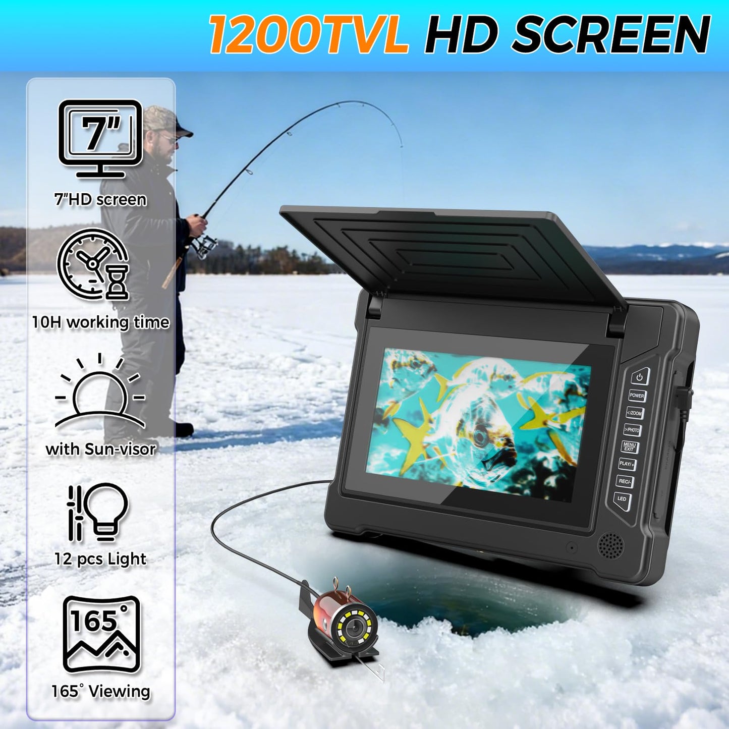 ESANHAO Underwater Fishing Camera 7" LCD Monitor Portable Fish Camera with Light 12pcs & 100ft/30m Cable Waterproof IP68 for Ice Fishing, Lake Sea Boat Kayak Fishing