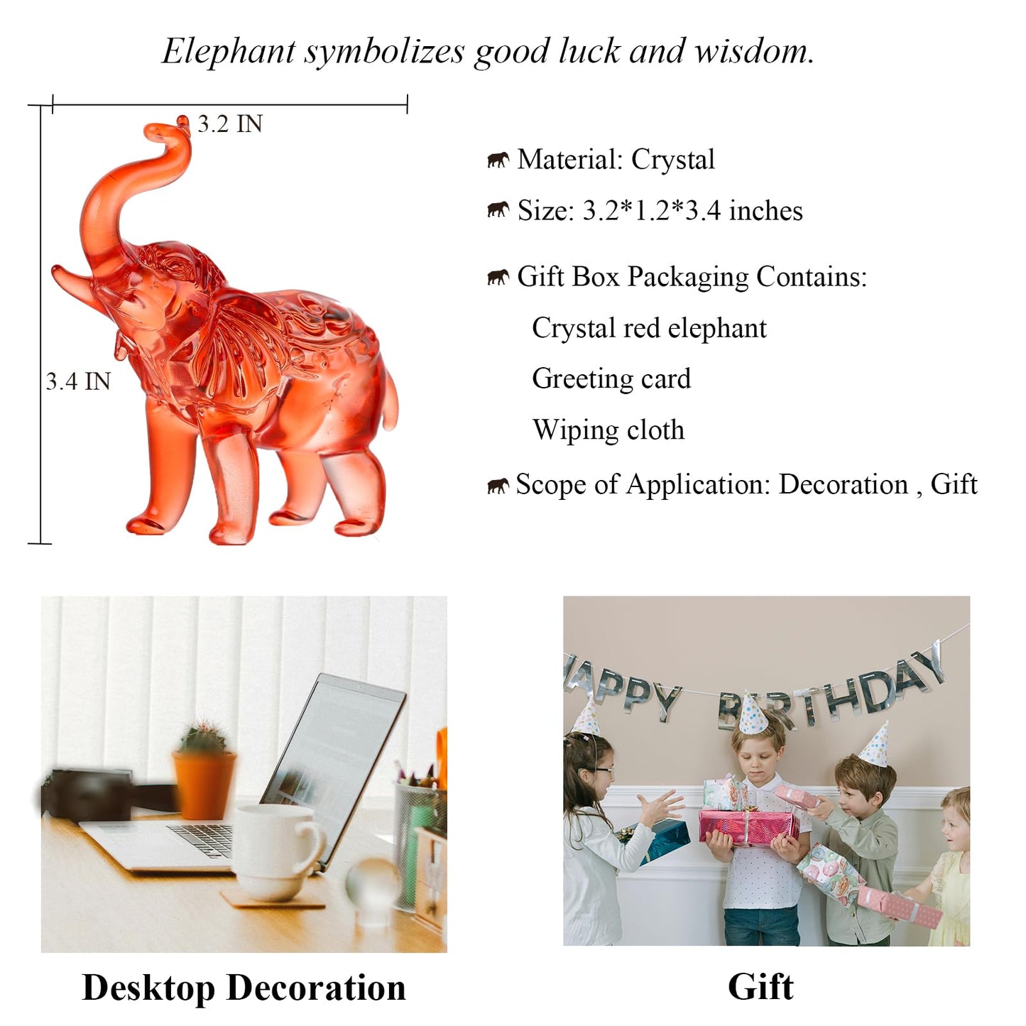 Arikyrist Crystal Elephant Figurine Home Decor, Glass Statue Gifts, Crystal Animals Collectible Tabletop Decoration Elephant Sculpture with Trunk Up (Red)
