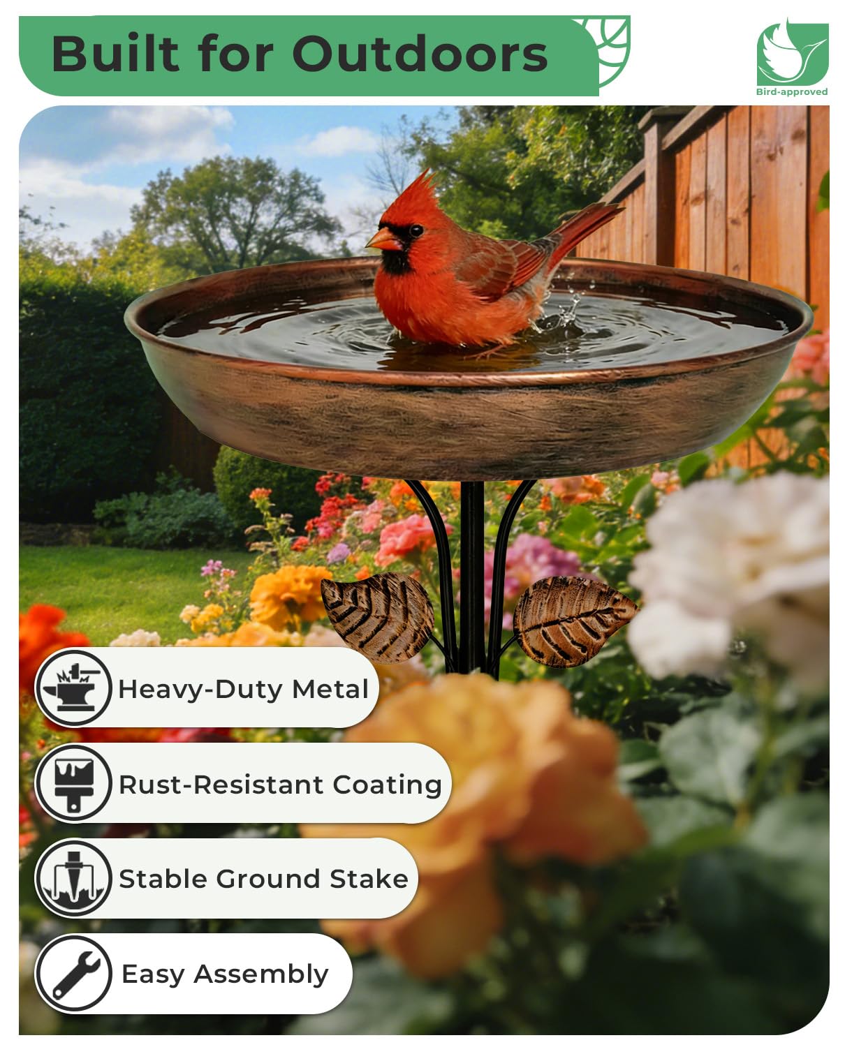 OUISJYER Metal Bird Bath for Outdoors, 12" Dia Bowl with Stable Upgrades Stake Birdbaths Garden Yard Lawn Decor 0.7 Gallon