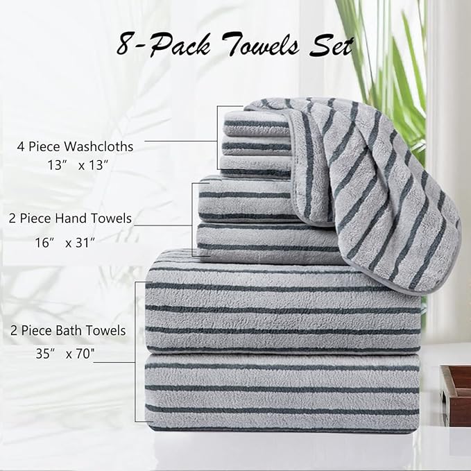 Oliven 8 Pcs Gray Cabana Stripe Bath Towel Set Oversize Bath Sheet-2 Bathroom