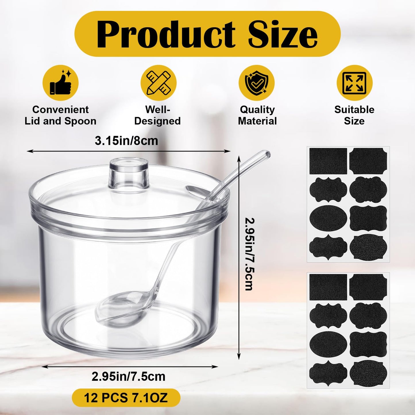 Kegeeei 12-Piece Acrylic Sugar Bowls with Lid and Spoon, Clear Salt & Spice Containers, Candy Dispenser for Coffee Bar, Ice Cream Sundae Toppings & Hot Cocoa Station (7.1 oz)