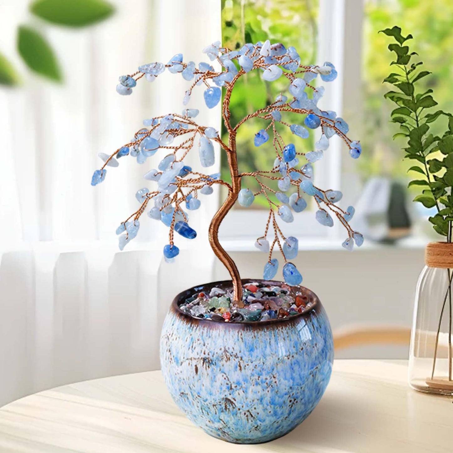 Runyangshi Aquamarine Crystal Tree of Life - 8" Large Natural Chakra Healing Crystal Tree, Bringing Money, Good Luck, Positive Energy for Home Decor, Feng Shui Gifts, Office Desk Ornament