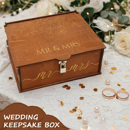 AerWo Mr and Mrs Wedding Keepsake Box, Large Wooden Storage Box with Lid and Lock, Assembled Keepsake Memory Box for Anniversary Engagement Gift, Wedding Memory Box for Couples Newly Engaged