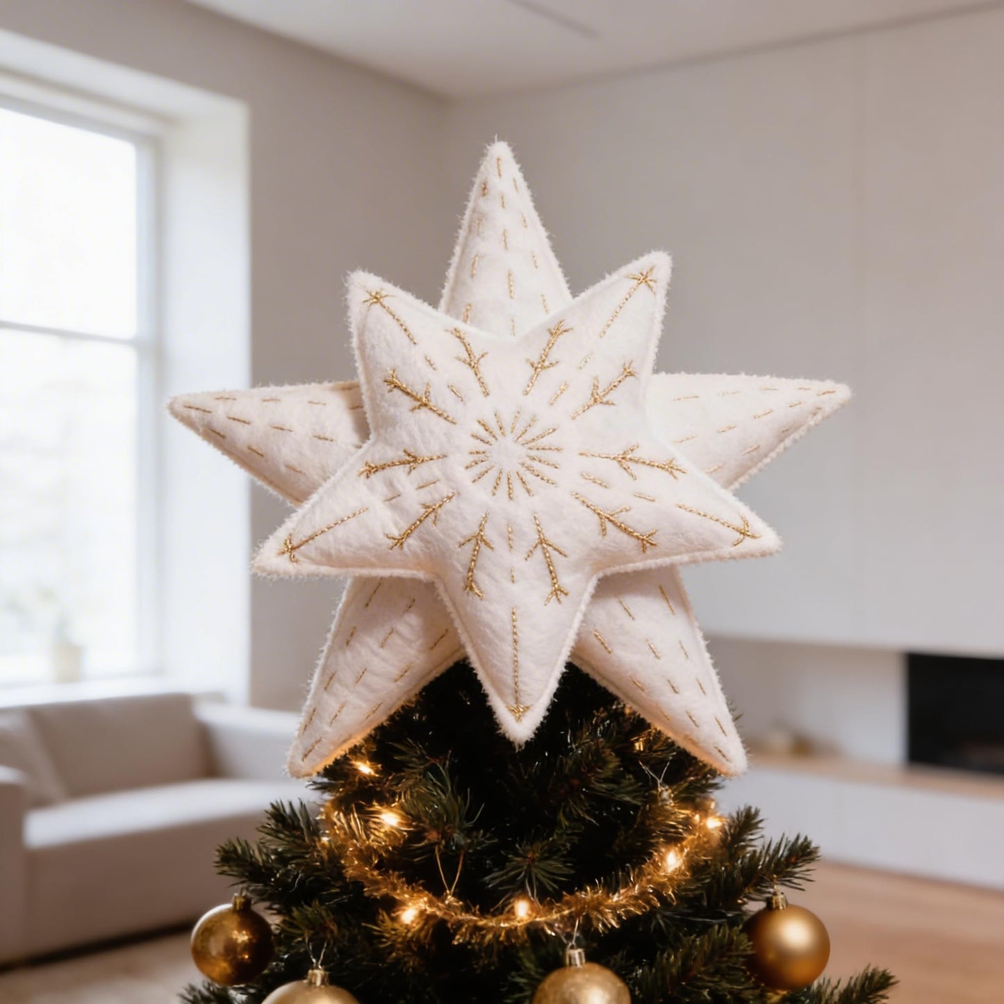 TORAKIP Felt Star Christmas Tree Topper 8.7" x 8.7" (22 x 22 cm) – Soft White Tree Top Star Decoration, Lightweight Scandinavian Farmhouse Holiday Decor, Cozy Felt Christmas Tree Topper