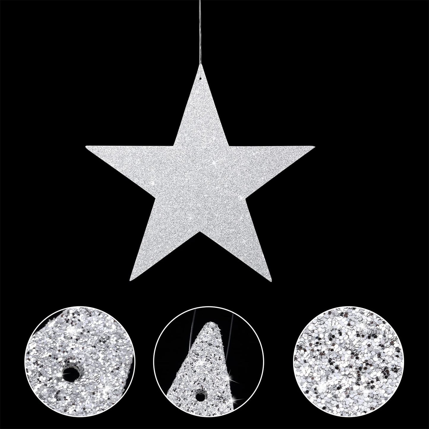 Boao 72 Pieces Silver Stars Shaped Cutouts Silver Cardboard Stars 4 Sizes 6cm/12cm/20cm/30cm Hanging Glitter Garlands with Nylon String for Wedding Birthday Party Graduation Classroom Wall Decor
