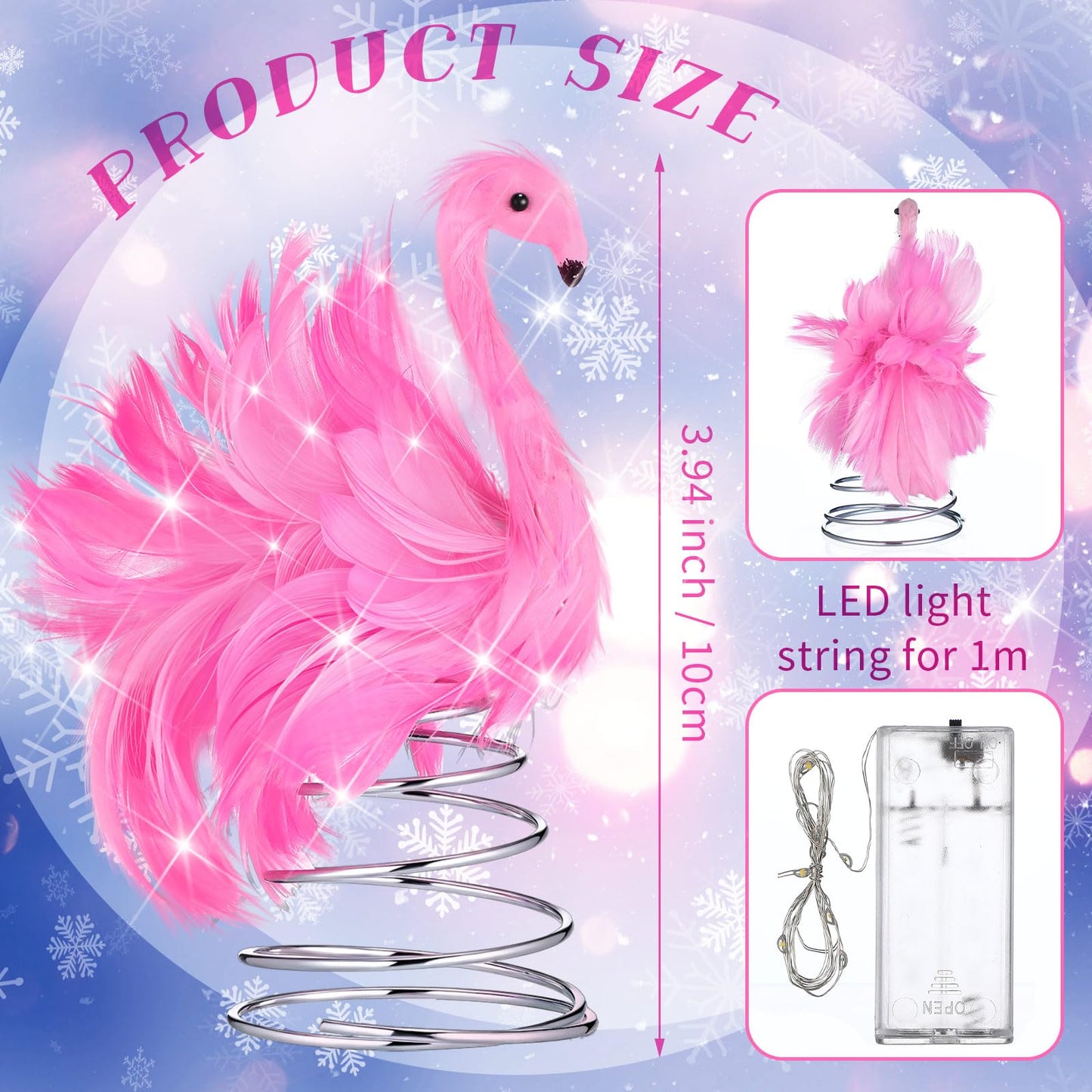 Gejoy 4 Inch Summer Pink Flamingo Mini Tree Topper with Artificial Fluffy Feather LED String Lights Light up Pink Flamingo Tropical Decorations for Small Christmas Tree Ornament Holiday Party Decor