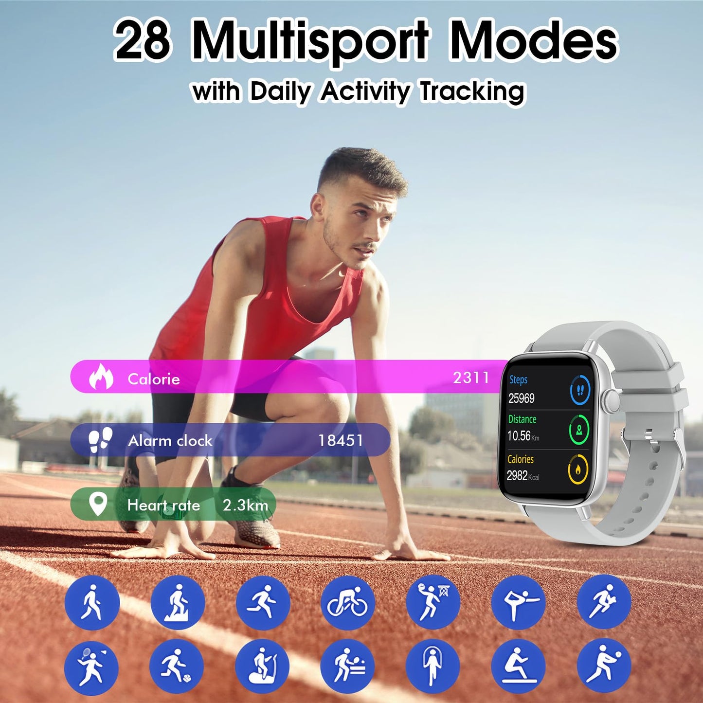 Smart Watch for iPhone/Android Phones (Answer/Make Calls) - 1.9" HD Screen Fitness Tracker : Heart Rate/Sleep Monitor/Pedometer/Calories, Multiple Sports Modes, Waterproof SmartWatch for Men Women