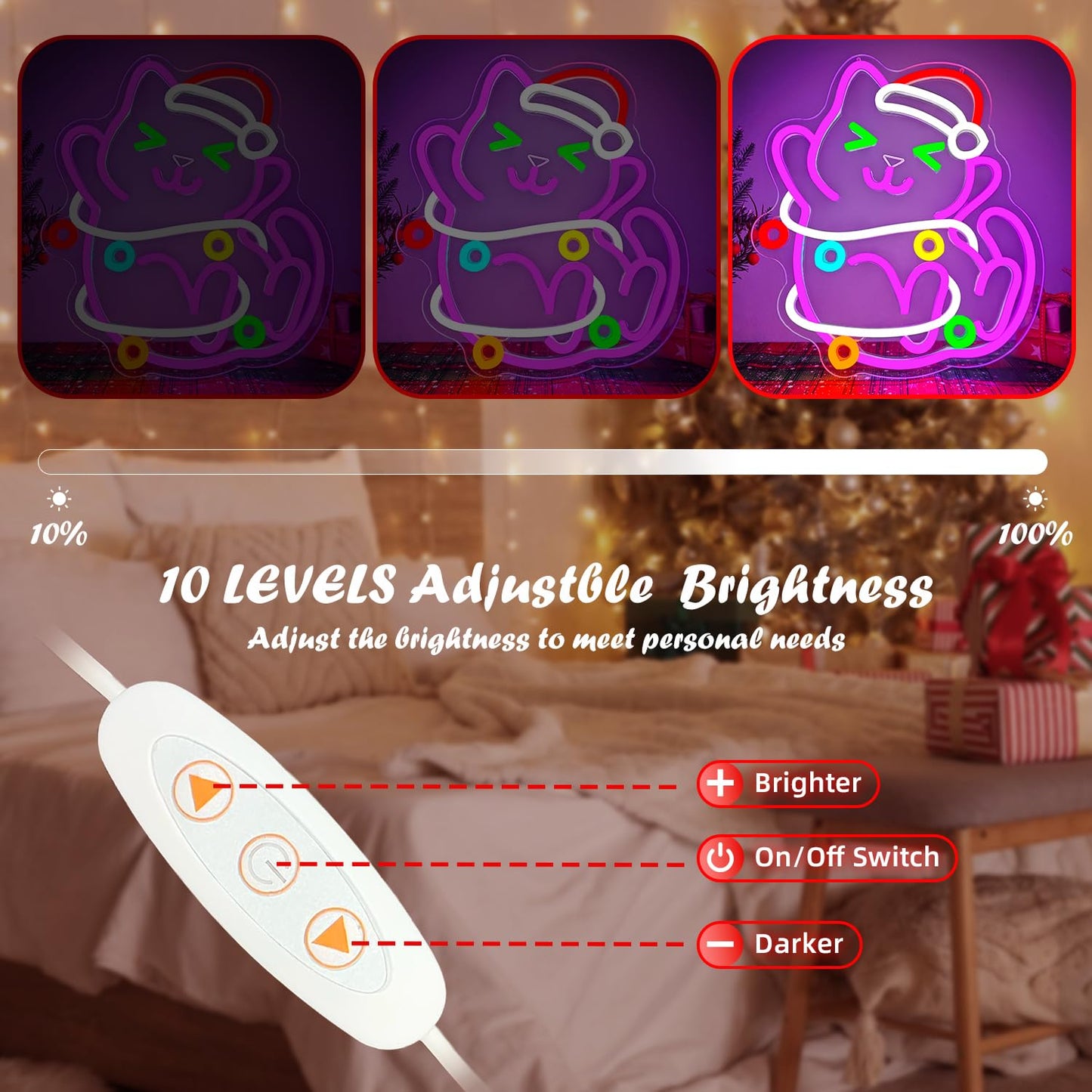 Jeanchrl Cat Christmas Neon Sign for Wall Dimmable Black Cat Decor Neon Light Sign for Bedroom Living Room Kids Room Meowy LED Signs Cute Christmas Neon Wall Art Ornament Gifts for Children Family