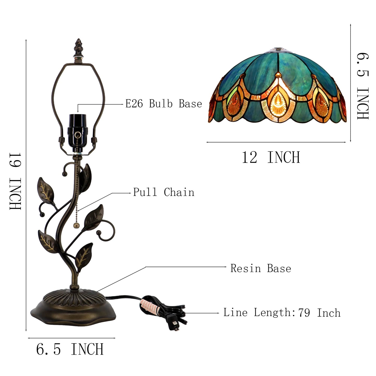 HWDFEI Tiffany Table Lamp, Stained Glass Style Desk Lamp, 12X12X19 Inch,Bedside Reading Light, Metal Leaf Base（Peacock Crystal Style