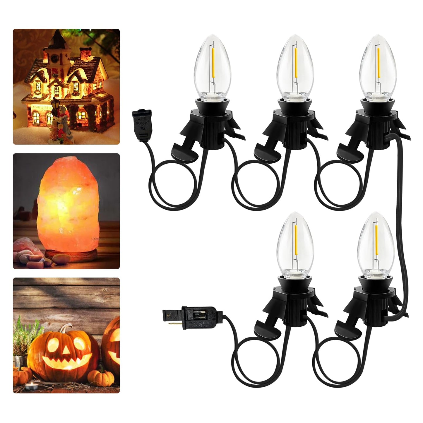 Accessory Cord with 5 LED Light Bulb and Female Plug, 11 Ft Christmas Village Light Cord with Clip, C7 Led Night Lights for Indoor Crafts Halloween Pumpkin Christmas Village House Decor, Black Wire