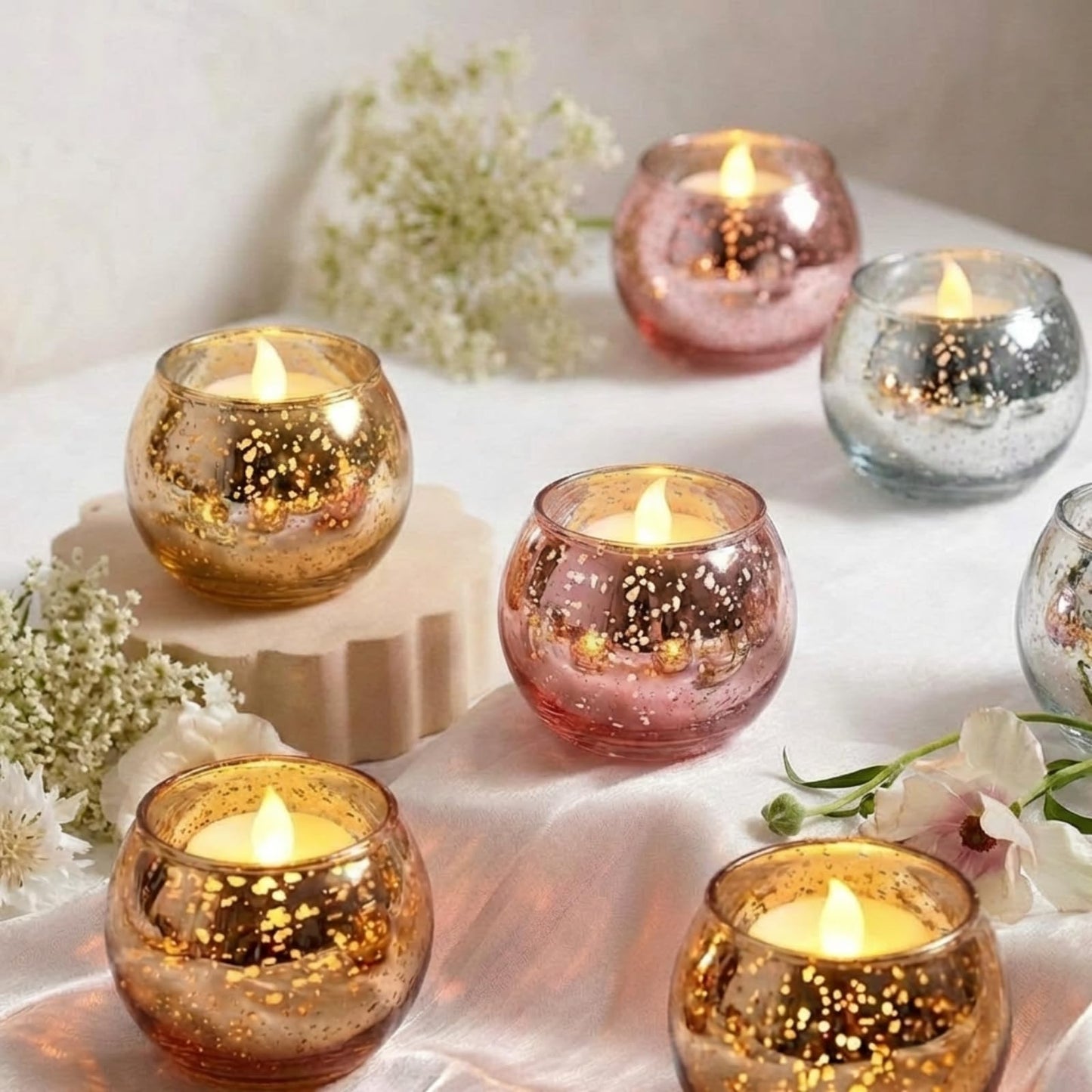 Rtteri 12 Set Votive Candle Holders Wedding Centerpiece Table Decorations Speckled Mercury Glass Votive Candle Holders with Tea Lights Birthday Party Decorations for Home (Gold)