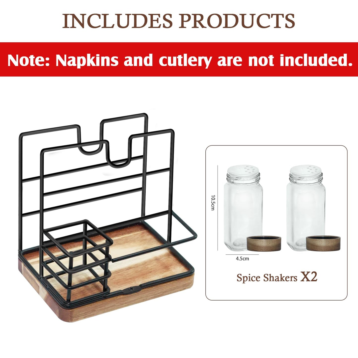 Napkin Holder for Table, Standing Napkin Holder with Salt and Pepper Shakers, Acacia Wood Base, Iron Build, for Kitchen, Dining Room, Outdoor Use（Fork and knife not included）