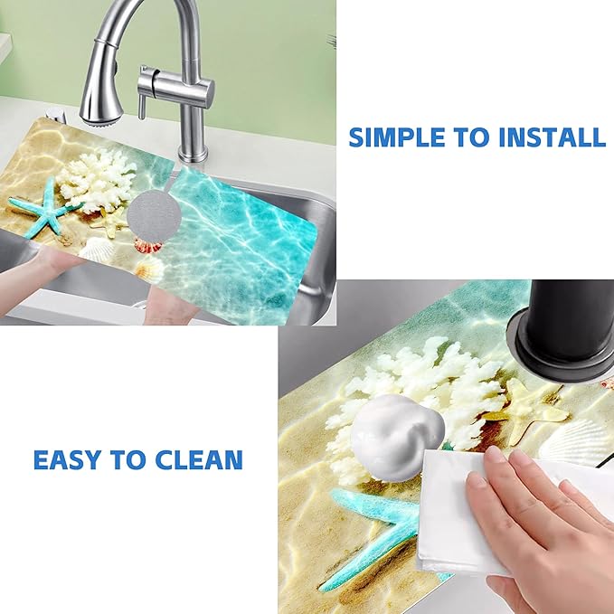 Beach Dish Drying Mat for Kitchen Sink Starfish Coral and Seashell Splash Guard