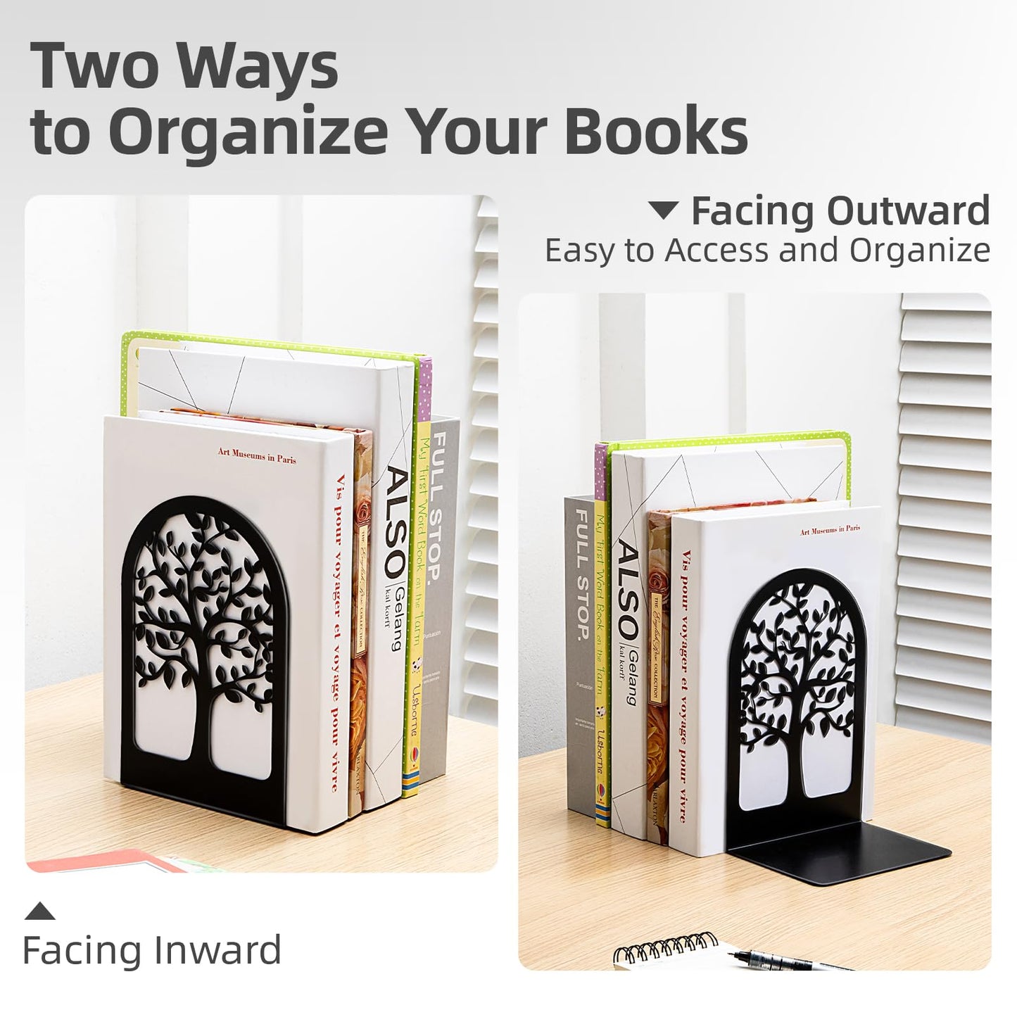 HappyHapi Book Ends, Metal Bookends for Shelves Decorative, Tree Stopper for Heavy Books, Black Ends to Hold Books for Home Office, 6.5 X 4.7 X 3.5 Inch(3 Pairs/6 Pcs, Large)