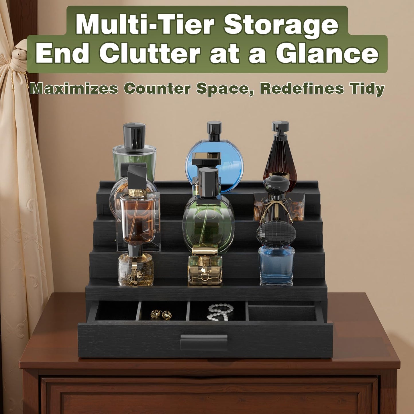 TIRYIUOU Perfume Cologne Organizer for Men: 4 Tier Wooden Perfumes Stand, Desktop Parfum Holder Wood Display Shelf with Cabinet, Bedroom Dresser Makeup Lotion Jewelry Storage Rack with Drawer