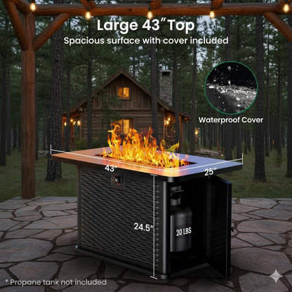 Ciays 43-Inch Rectangular Propane Fire Pit Table - 60,000 BTU, CSA-Certified 2-in-1 Design, 304 Stainless Steel H-Burner, Included Lava Rocks - Ideal for Gatherings & Parties