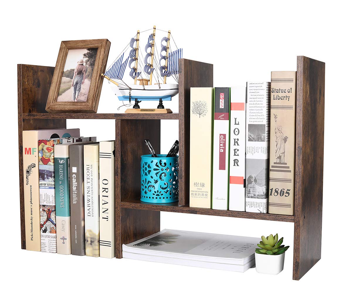 PAG Adjustable Desktop Shelf Wood Small Bookshelf Desk Supplies Organizers and Accessories Storage Display Rack Office Decor, Antique Brown
