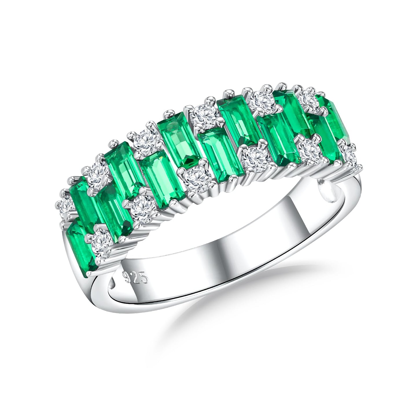 RANDES Emerald Eternity Band Rings for Women Emerald Engagement Ring Sterling Silver Green Stone Baguette Wedding Bands Anniversary Size 8