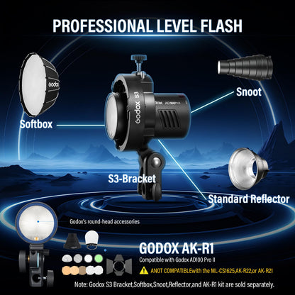 Godox AD100 PRO II AD100Pro II AD100ProII Pocket Flash 2026 Godox 100w Strobe Light 2W LED, 490 Full Power Pops, 0.01–1.5s Recycle, TTL/HSS 1/8000s 2850mAh Battery