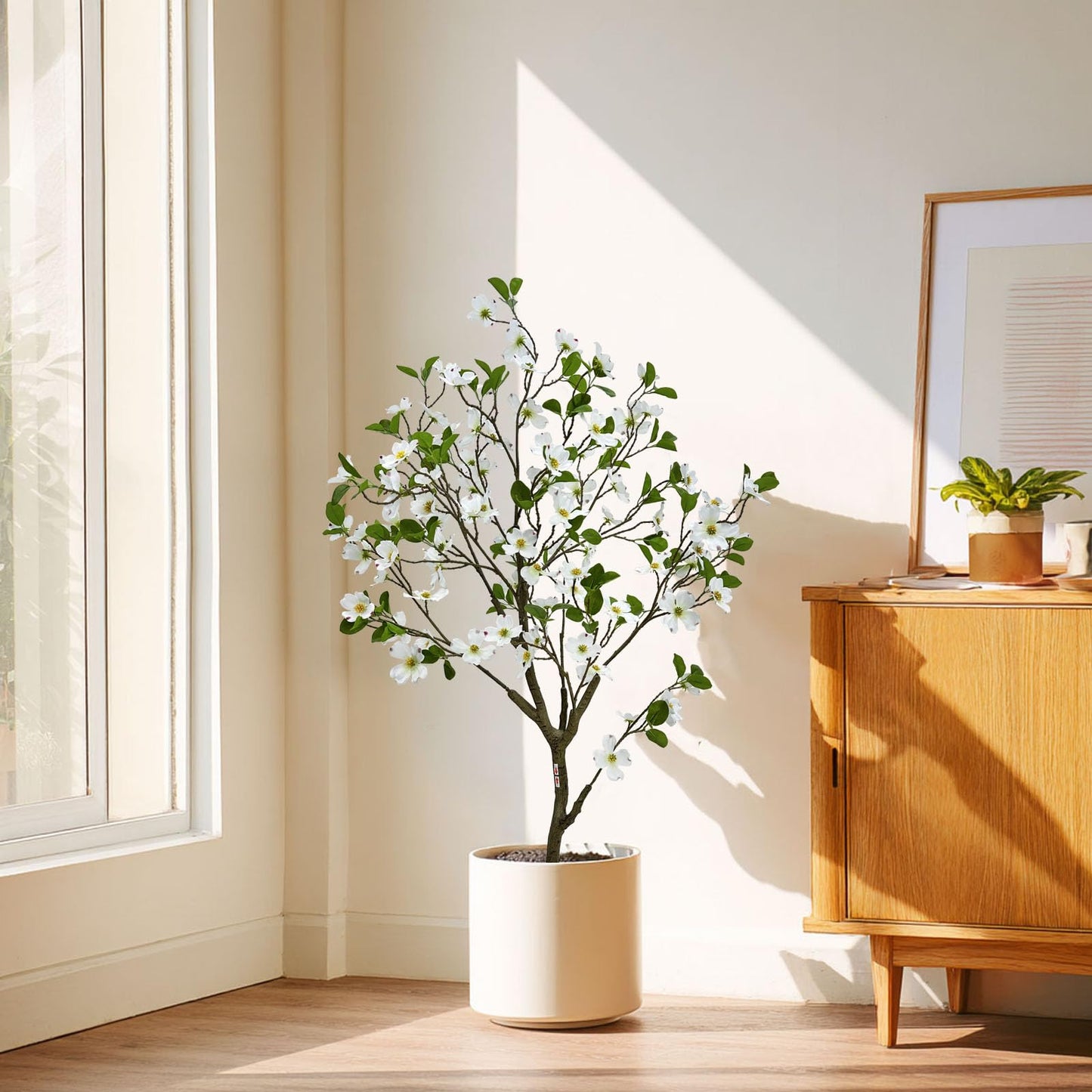 Artificial Dogwood Flower Tree 4ft, Faux Blooming Dogwood Tree with Realistic White Flowers, Potted Fake Tree for Home, Office, Living Room & Indoor Decor (4ft)