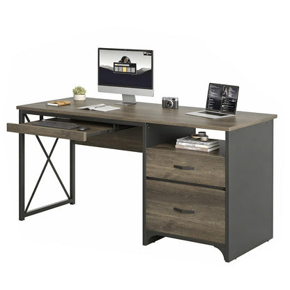 Bestier Office Desk with Drawers, 55 inch Industrial Computer Desk with Storage, Wood Teacher Desk with Keyboard Tray & File Drawer for Home Office, Dark Gray Oak