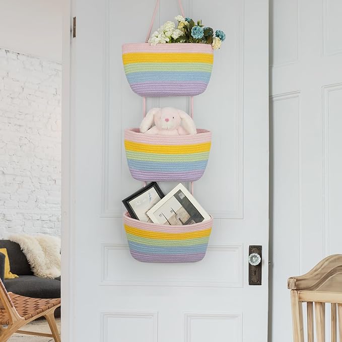 TeoKJ Over the Door Organizer, 3-Tier Woven Cotton Hanging Storage Baskets