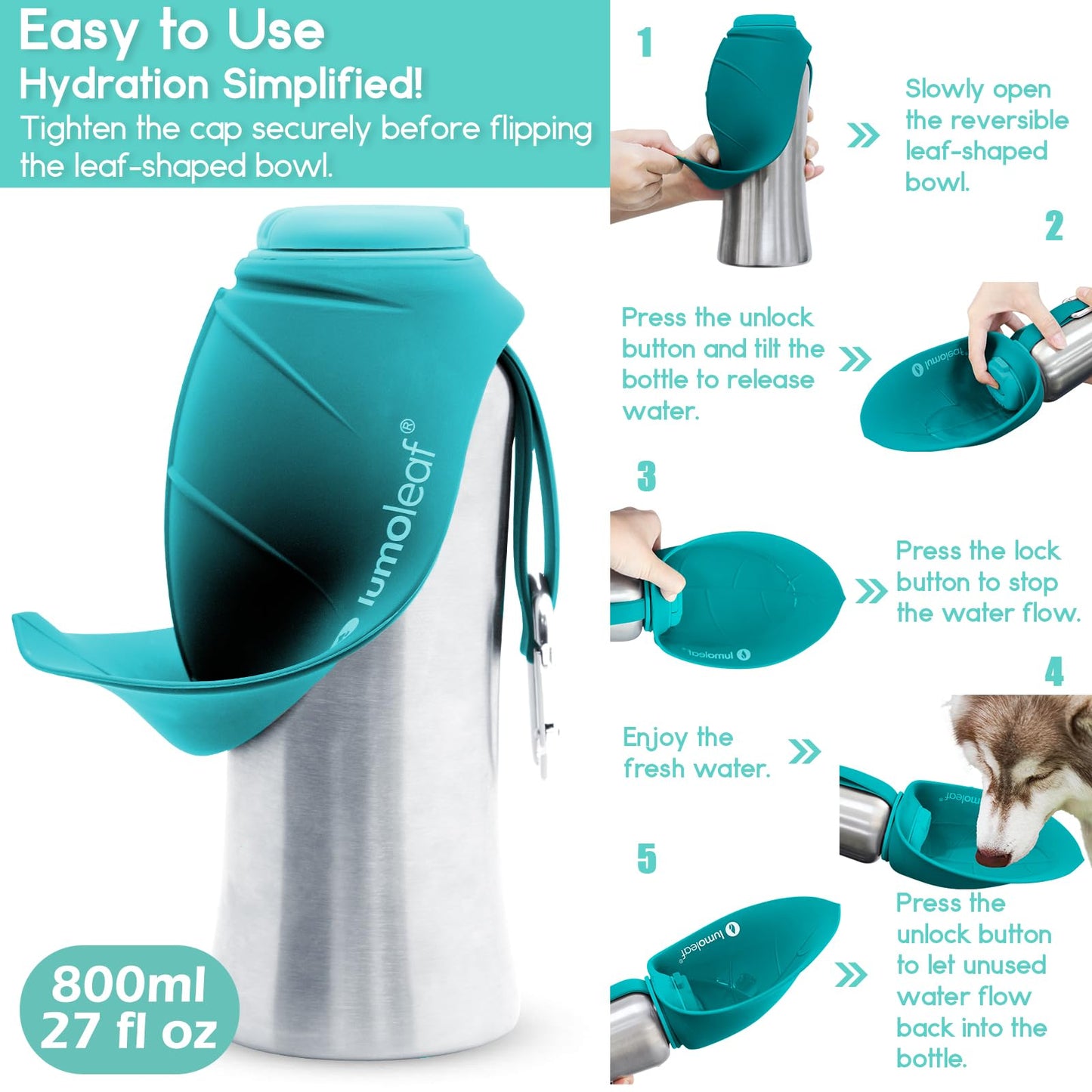 LumoLeaf Portable Dog Water Bottles 800ml, Stainless Steel Pet Travel Water Bottle Dispenser for Walking, Hiking and Outdoor, Portable Water Bowl for Large Dogs (Blue)