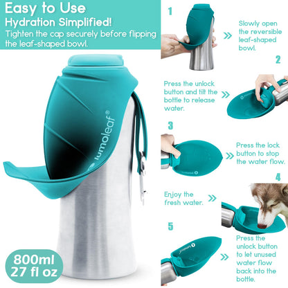 LumoLeaf Portable Dog Water Bottles 800ml, Stainless Steel Pet Travel Water Bottle Dispenser for Walking, Hiking and Outdoor, Portable Water Bowl for Large Dogs (Blue)