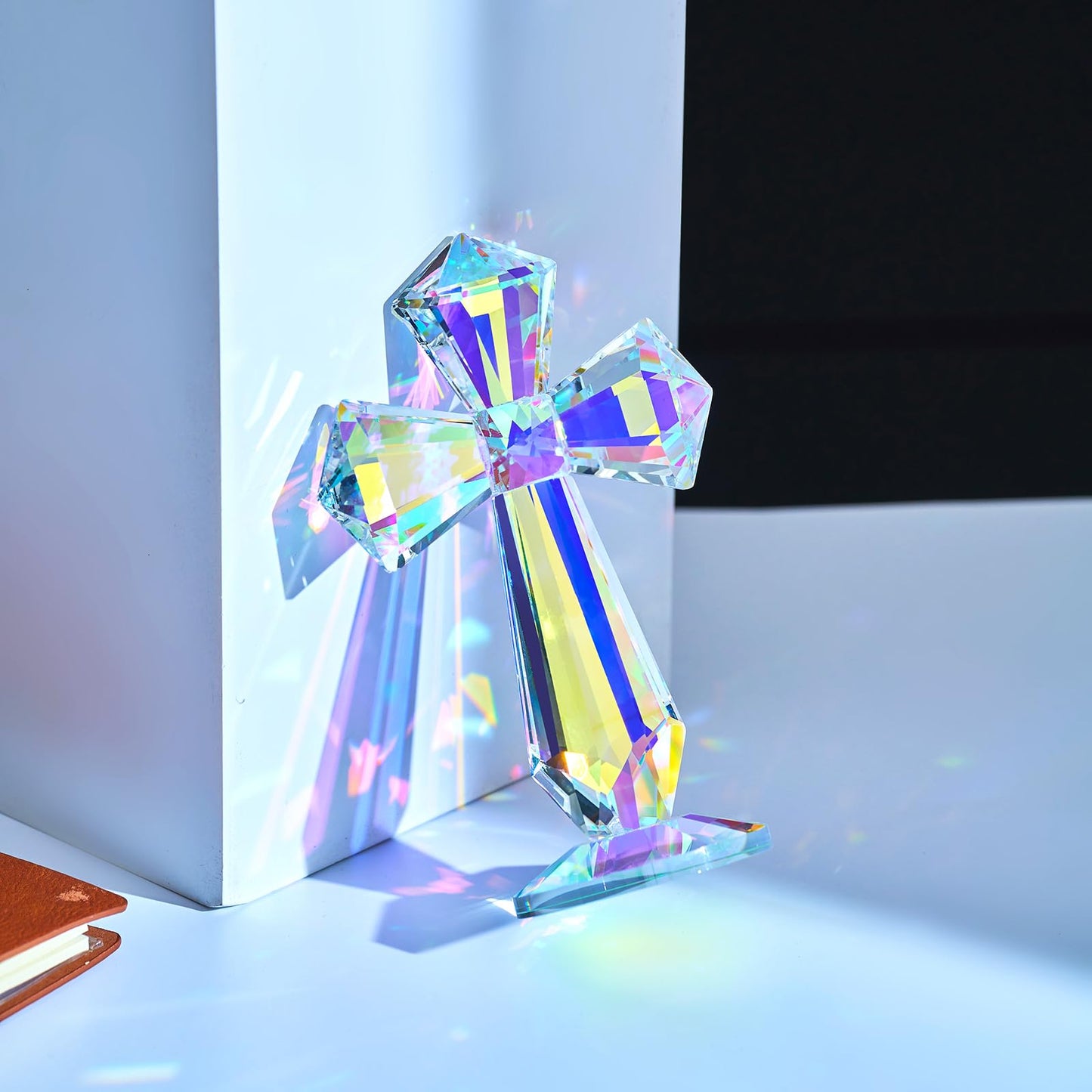 Crystal Glass Standing Cross Decor, Easter Christmas Decoration for Party Dad Man, Religious Gifts for Women Men Father Mother, Handmade Glass Holy Collectible Figurines