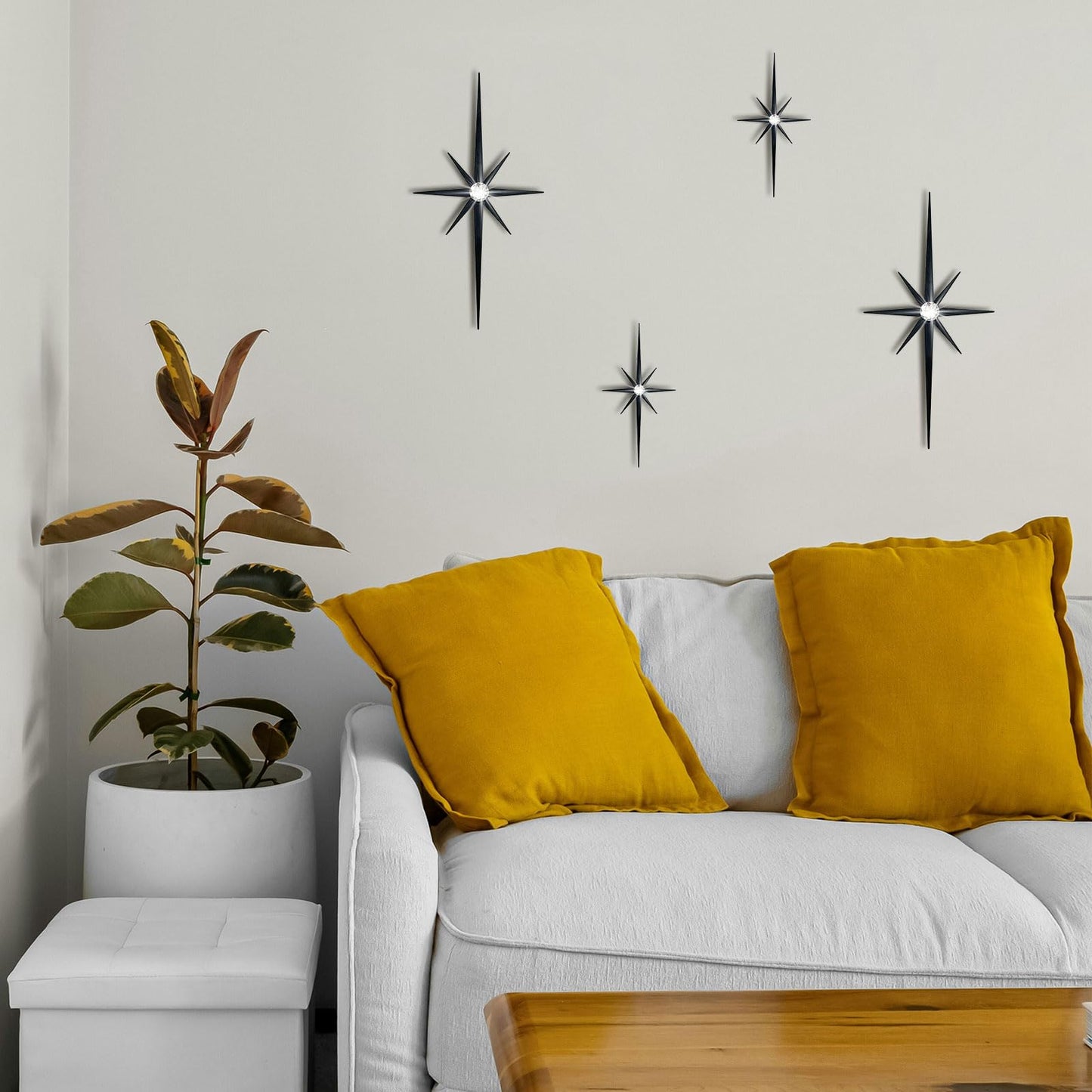 Sxnzequnze 4 Pcs Star Wall Art for Home Decor Living Room Bedroom Office Metal 3D,Bling,with Hanging Hook Starburst Midcentury Sculpture Retro Gallery Accent Celestial -Black 16.5in/9.4in