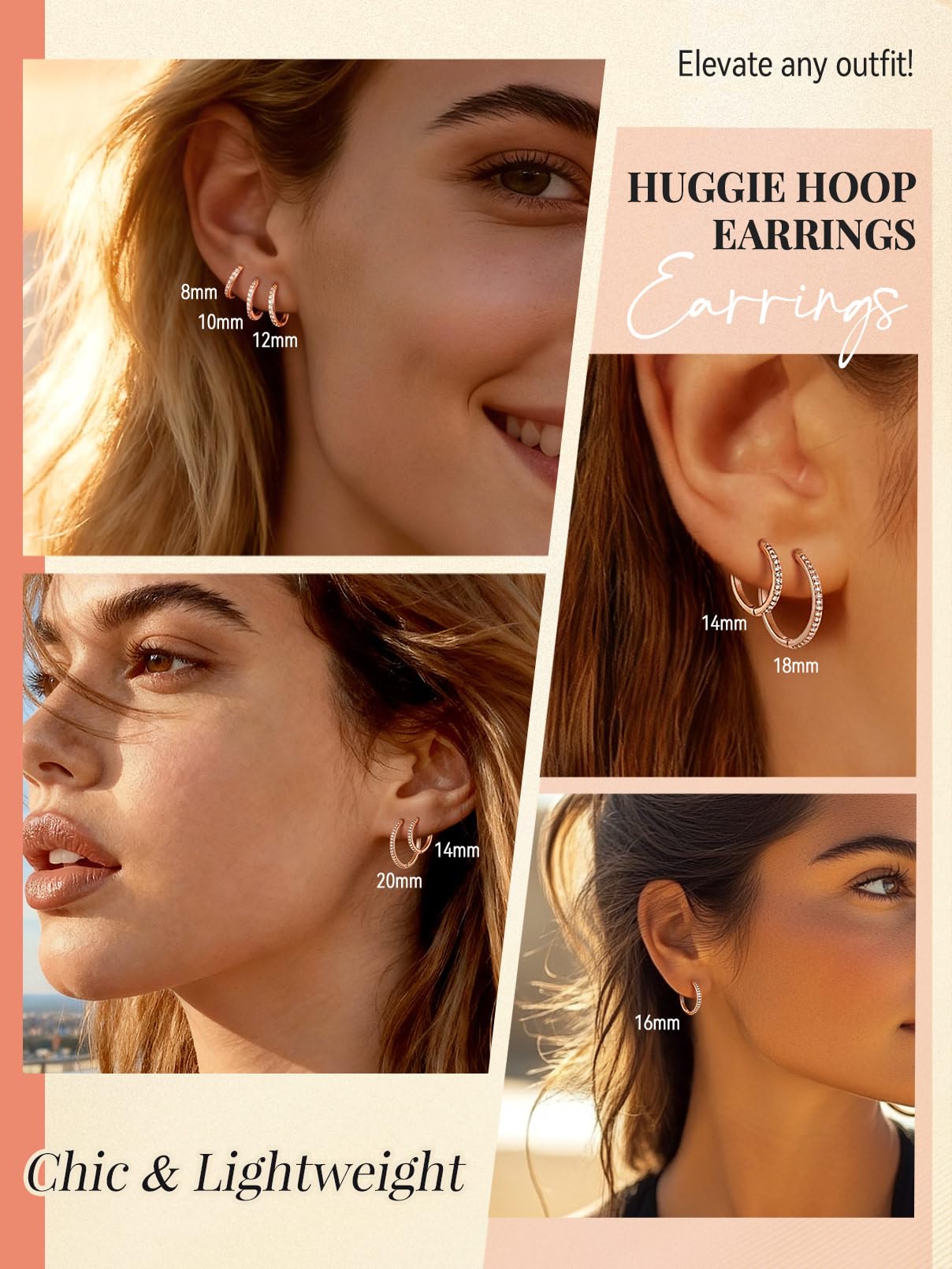 FaithHeart Cubic Zirconia Hoop Earrings for Women, Rose Gold Hypoallergenic Huggie Hoop Earrings, Small Cartilage Earrings for Women 18mm, Send Gift Box