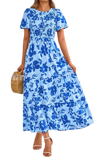 PRETTYGARDEN Women's 2025 Summer Casual Flutter Short Sleeve Boho Floral Maxi Dress Crew Neck Smocked Tiered Long Dresses