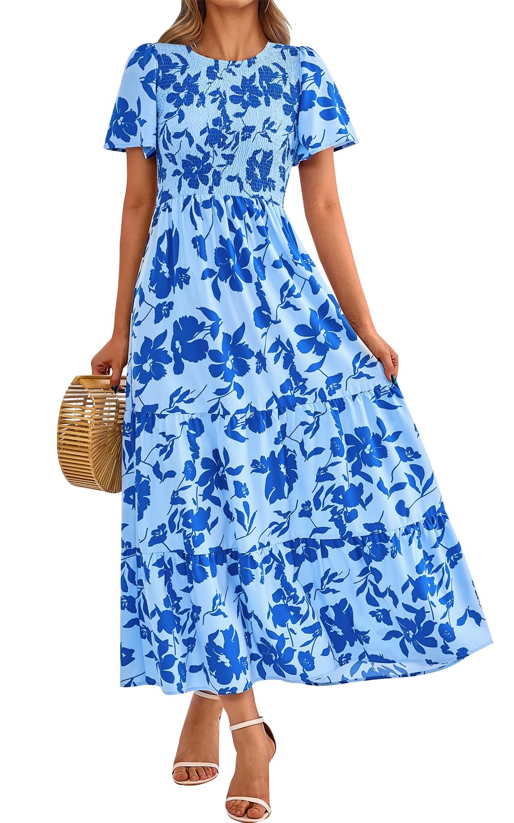 PRETTYGARDEN Women's 2025 Summer Casual Flutter Short Sleeve Boho Floral Maxi Dress Crew Neck Smocked Tiered Long Dresses