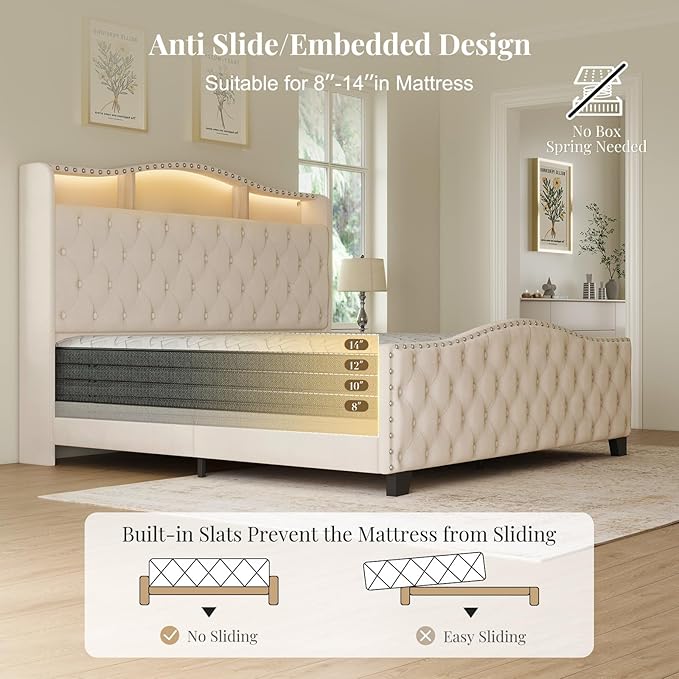 Belffin King Size Bed Frame and Headboard, 50.9" Velvet Upholstered Wingback