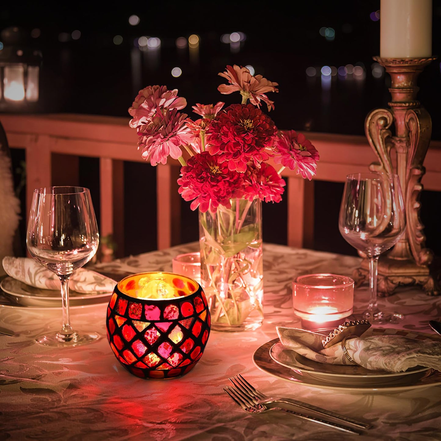 Ipetboom Glass Votive Candle Holder - Christmas Candle Holders Red Mosaic Tealight Candlestick Xmas Dining Table Centerpieces for Home Wedding Decorations Romantic Decor Party Ornament - 3.34x2.75in