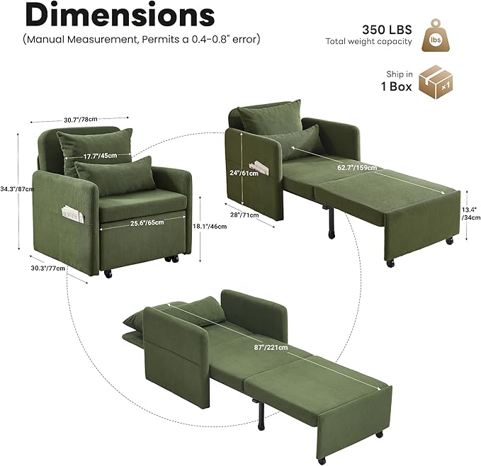 Iroomy 5-Level Adjustable Convertible Sleeper Chair Set of 2, 3-in-1 87'' Long