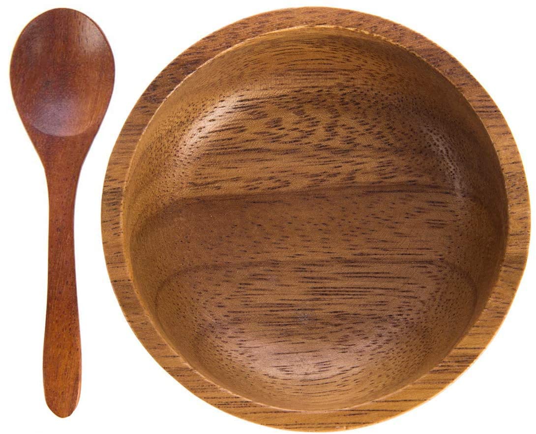 BestySuperStore Set of 4 Small Round Acacia Wooden Bowls 2¾ Inch Diameter 1½" High With Spoons - Stackable Mixing Bowl Salad Soup Snack Dip Sauce Charcuterie Wood Tableware Sets for Decor and Serving