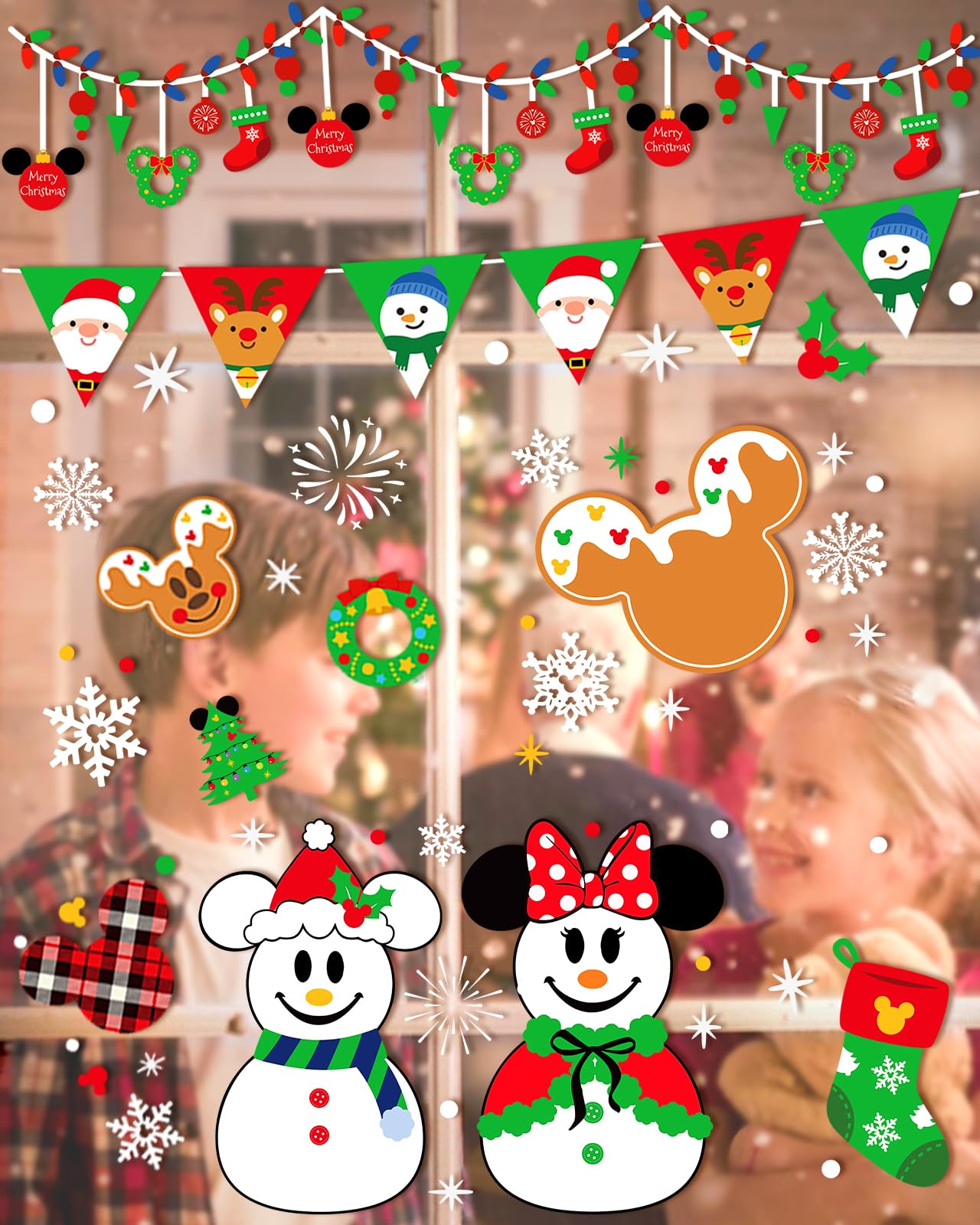 JMHACHY Christmas Window Clings - 9 Sheets 166 Pcs Cute Xmas Decorations for Winter Holiday Home Party, Santa Snowman Tree Snowflake Gingerbread Stickers for Glass, Double-Sided Static Window Decals