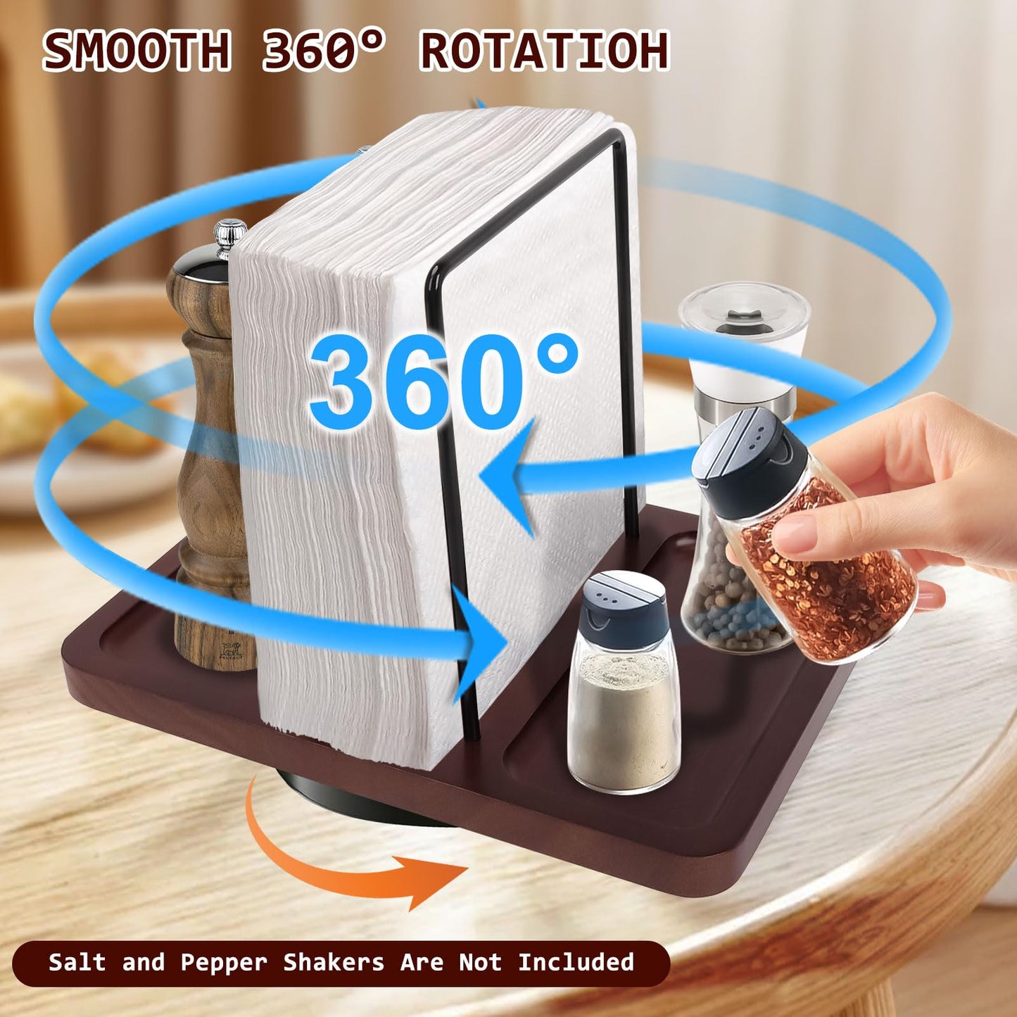 2 in 1 Napkin Holder for Table, Rotating Metal Napkin Dispenser with Salt and Pepper Shakers Caddy Standing Paper Towel Holder for Kitchen Dinner Table and Picnic Decors,Not Including Shakers