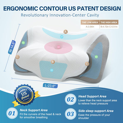 Effective Pain Relief Cervical Neck Pillow for Sleeping, Memory Foam Pillows for Neck Support, Odorless Contour Side Pillow, Ergonomic Bed Pillow for Back Stomach Sleeper (Grey and White)