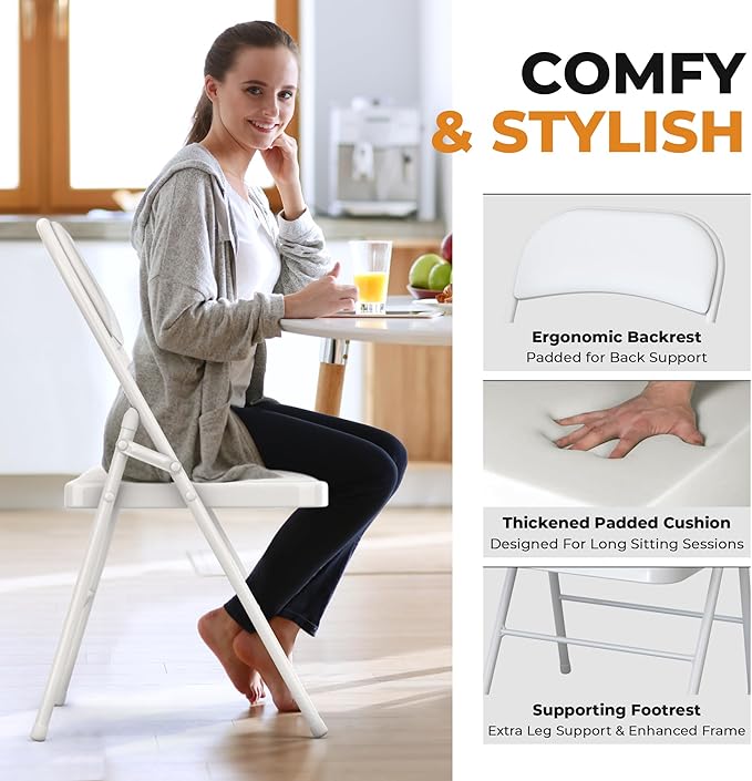 4 Pack Leather Chair | Foldable & Stackable | 350 lbs Capacity Steel Frame Seats for Indoor or Outdoor | Commercial Use Events Wedding Party Events Bulk Picnic Kitchen Dining - White