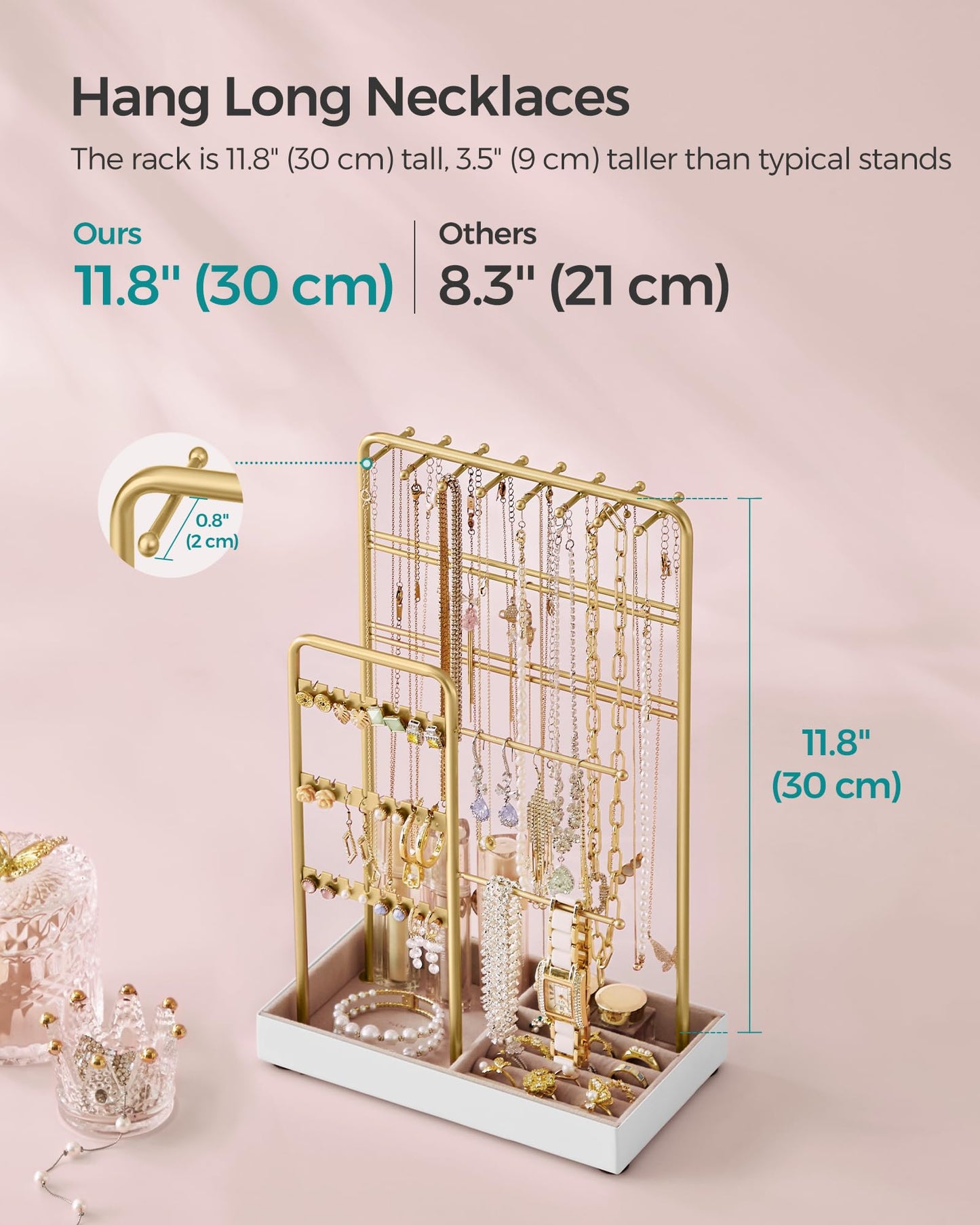 SONGMICS Jewellery Stand, Jewellery Organiser, Jewellery Display Stand with Metal Frame and Velvet Tray, Earring Bracelet Holder, Necklace Stand, for Studs, Rings, Gift Idea, Gold Colour JJS021A01