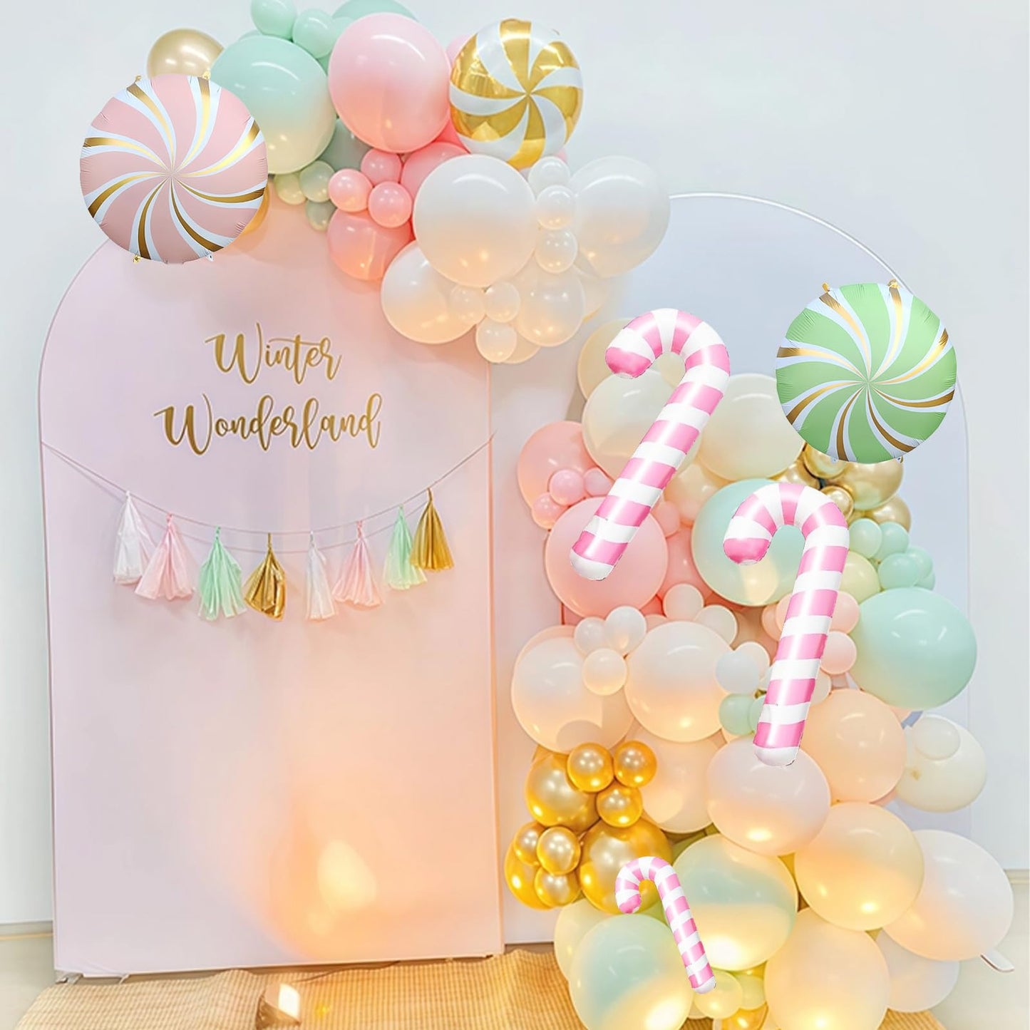 Christmas Balloons Garland Arch Kit, 125pcs Pastel Pink Green Balloon with Candy Cane Peppermint Foil Balloon for Christmas Theme New Year Xmas Holiday Birthday Party Decorations